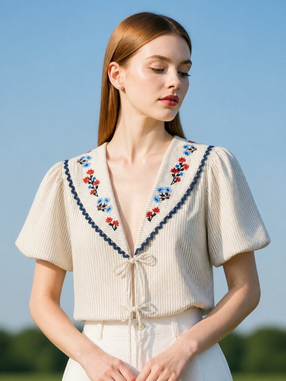 NWT Caroline Constas Embroidered Tie Front Puff Sleeve Top Size S